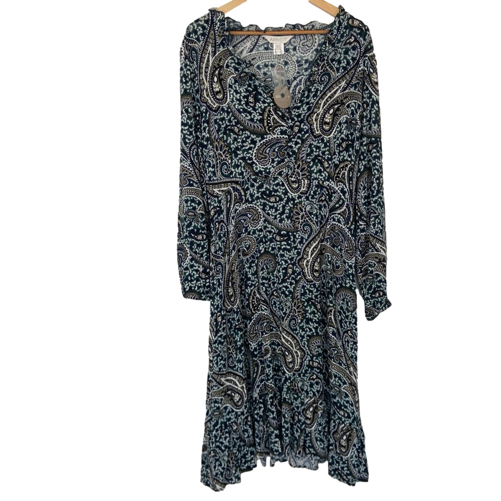 APRICOT DARK GREEN PAISLEY LONG SLEEVED DRESS WITH RUFFLE DETAILS, SIZE 12